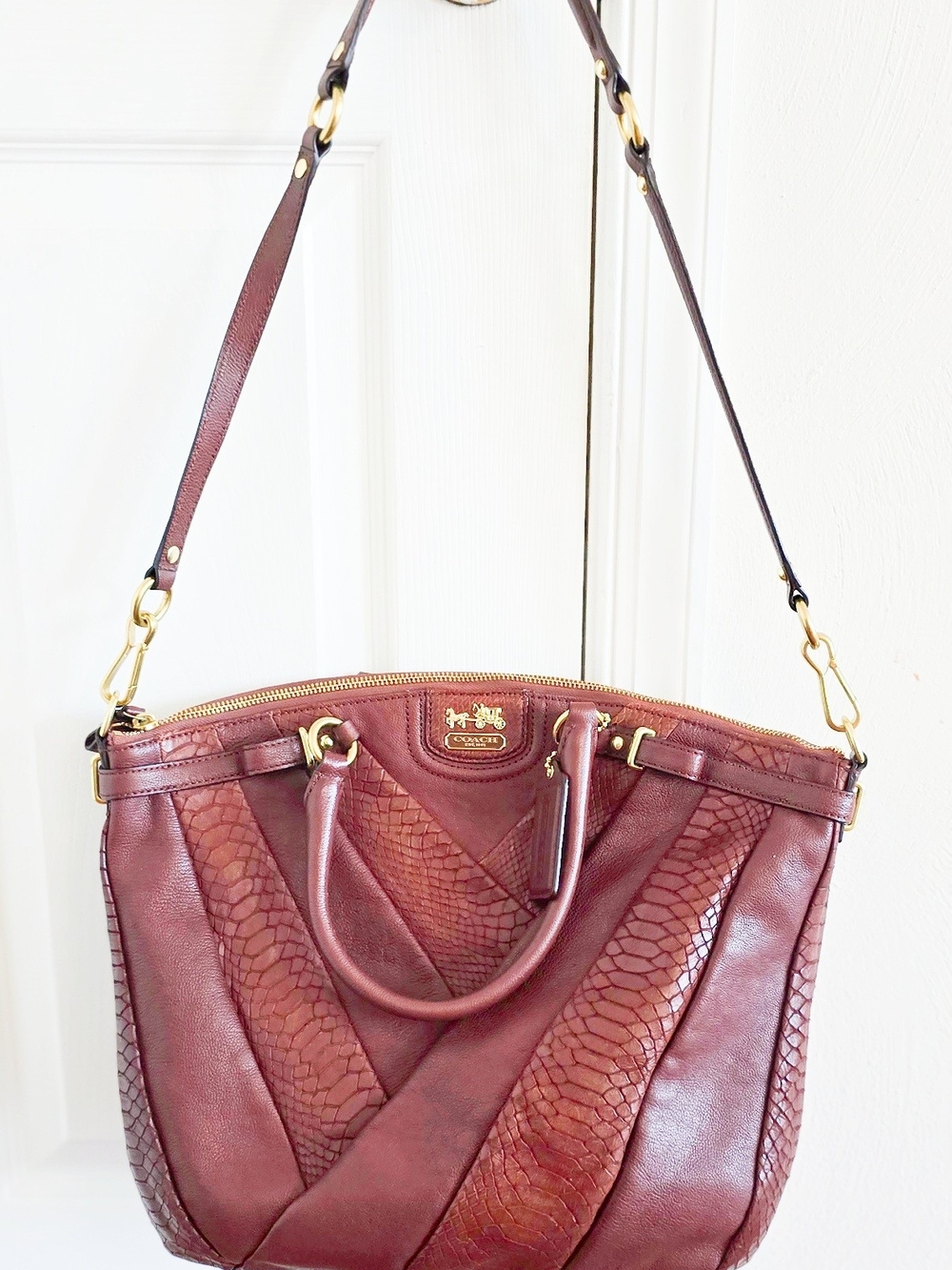 Coach Madison Large Tabacco Pyton/ Leather Patchwork Satchel with Gold Hardware - Picture 6 of 11